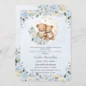 Niedlich Twins Bears Blue Floral Twin Boys Baby Du Einladung (Vorne/Hinten)
