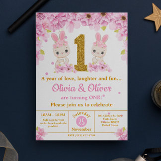 Niedlich Twins Bunny Rabbit Girls 1. Geburtstag Pa Einladung