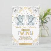 Niedlich Twins Elephant Baby Dusche Alabaster Flor Einladung (Stehend Vorderseite)