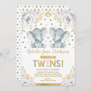 Niedlich Twins Elephant Baby Dusche Alabaster Flor Einladung