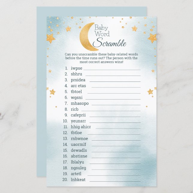 Niedlich über dem Mond Baby Shower Word Scramble G (Vorne/Hinten)