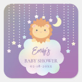 Niedlich über Mond und Sternen Lion Cub Babydusche Quadratischer Aufkleber (Vorderseite)