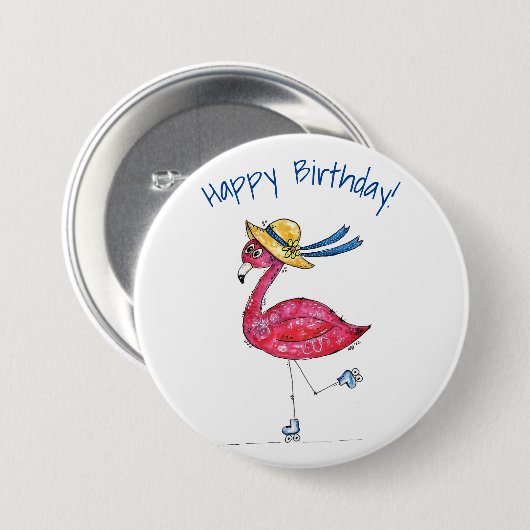 Niedlich und Whimsical Pink Flamingo auf Skaten Button (Vorne & Hinten)