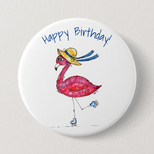 Niedlich und Whimsical Pink Flamingo auf Skaten Button