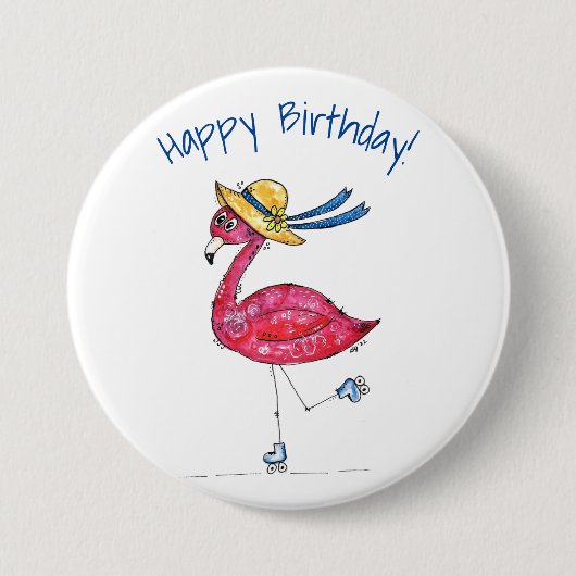 Niedlich und Whimsical Pink Flamingo auf Skaten Button (Vorderseite)
