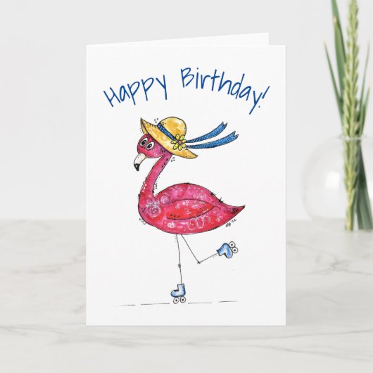 Niedlich und Whimsical Pink Flamingo auf Skaten Karte (Vorderseite)