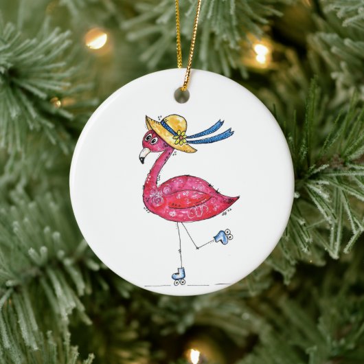 Niedlich und Whimsical Pink Flamingo auf Skaten Keramik Ornament (Baum)