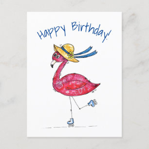 Niedlich und Whimsical Pink Flamingo auf Skaten Postkarte