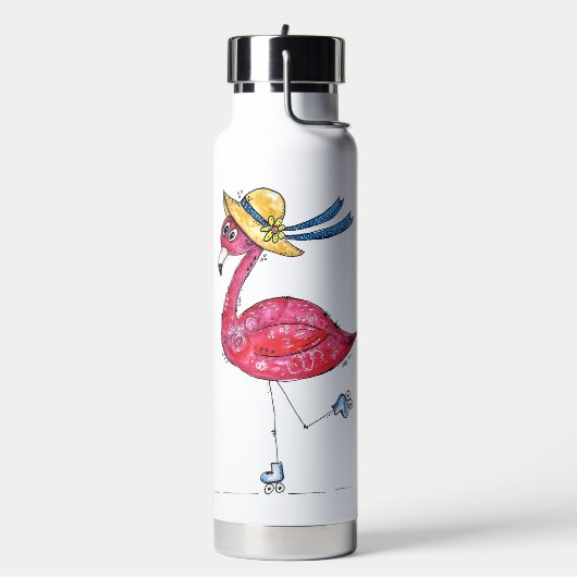 Niedlich und Whimsical Pink Flamingo auf Skaten Trinkflasche (Links)