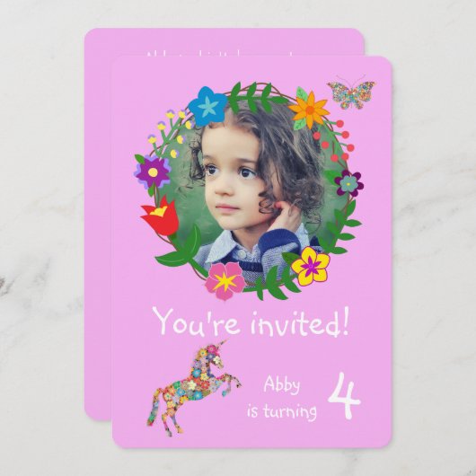 Niedlich Unicorn Butterfly Blume Girls Party Einladung (Vorne/Hinten)