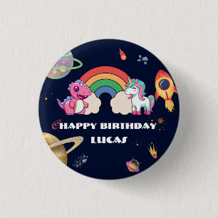 Niedlich Unicorn Dinosaur Galaxy Rocket Geburtstag Button