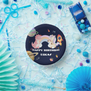 Niedlich Unicorn Dinosaur Galaxy Rocket Geburtstag Pappteller