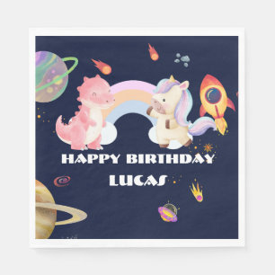 Niedlich Unicorn Dinosaur Galaxy Rocket Geburtstag Serviette