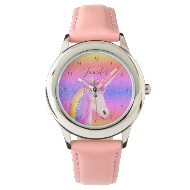 Niedlich Unicorn Glitzer Regenbogen Personalisiert Armbanduhr (Vorderseite)