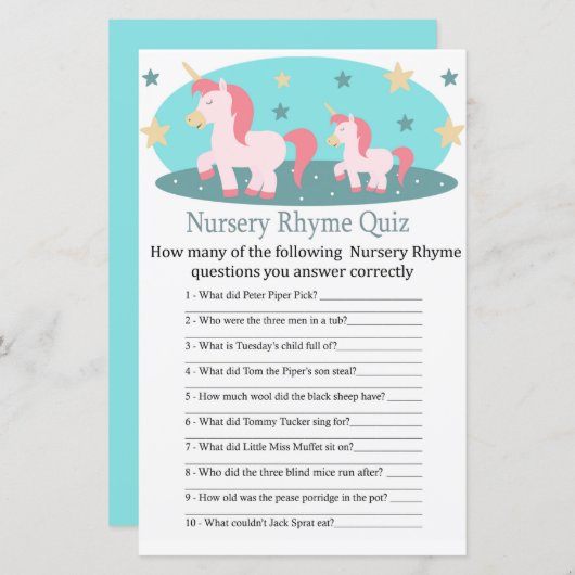 Niedlich Unicorn Kinderzimmer Rhyme Quiz Kinderdus (Vorne/Hinten)