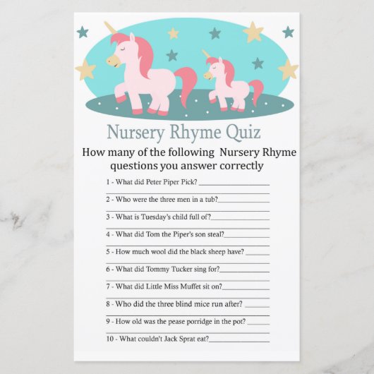 Niedlich Unicorn Kinderzimmer Rhyme Quiz Kinderdus (Vorderseite)