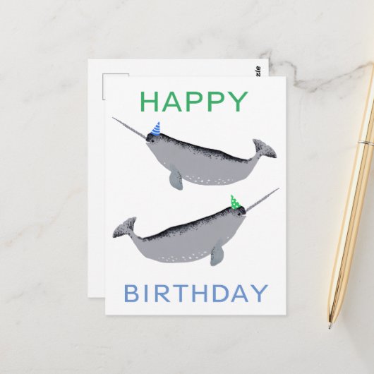 Niedlich Unicorn Narwhal Whale Whaley Happy Birthd Postkarte (Vorderseite/Rückseite Beispiel)