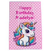 Niedlich Unicorn Pink Gingham Birthday Present Mittlere Geschenktüte (Rückseite)