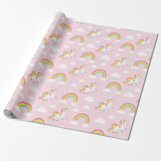 Niedlich Unicorn PInk Girly Rainbow Kids Pattern Geschenkpapier (Ungerollt)