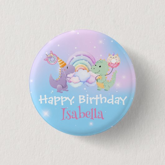 Niedlich Unicorn Rainbow Dino Donut Ballon Geburts Button (Vorderseite)