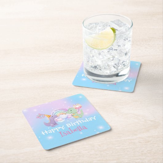 Niedlich Unicorn Rainbow Dino Donut Ballon Geburts Rechteckiger Pappuntersetzer (Vor Ort)