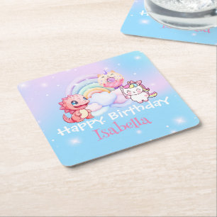Niedlich Unicorn Rainbow Dino Donut Ballon Geburts Rechteckiger Pappuntersetzer
