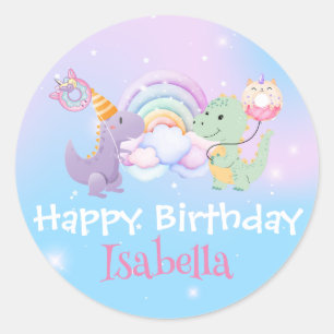 Niedlich Unicorn Rainbow Dino Donut Ballon Geburts Runder Aufkleber