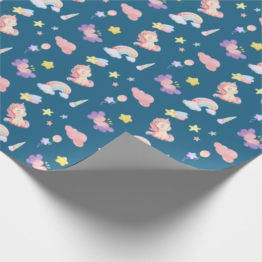 Niedlich Unicorn Rainbow Herzballon Sternmuster Geschenkpapier (Ecke)