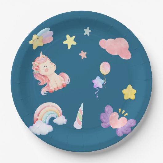 Niedlich Unicorn Rainbow Herzballon Sternmuster Pappteller (Vorderseite)