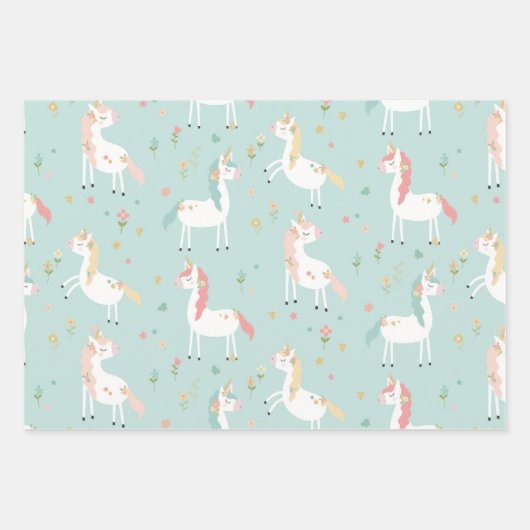 Niedlich Unicorn Regenbogen Gold Glitzer Pastel Pi Geschenkpapier Set (Vorderseite)