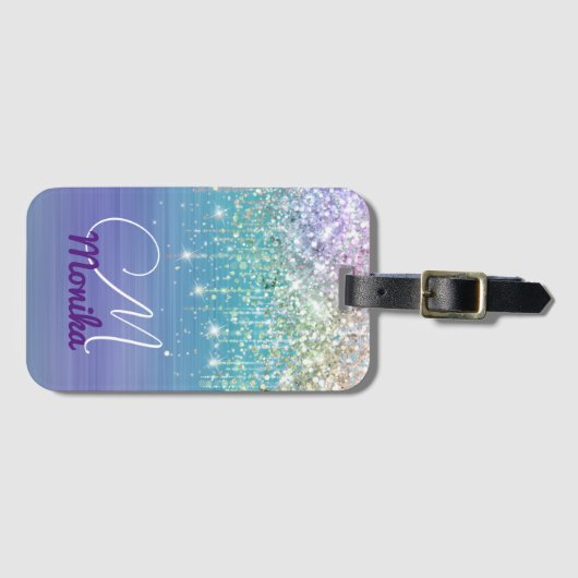 Niedlich Unicorn Türkis Lila Glitzer Imitate Glitz Gepäckanhänger (Vorderseite (Horizontal))