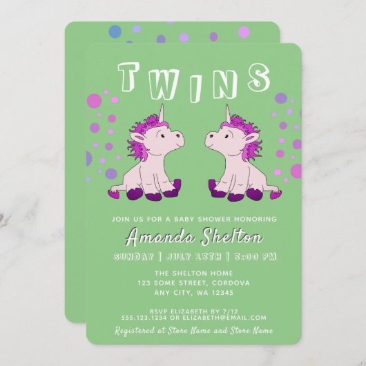 Niedlich Unicorn Twins 2 Baby Girls Babydusche Einladung (Vorne/Hinten)