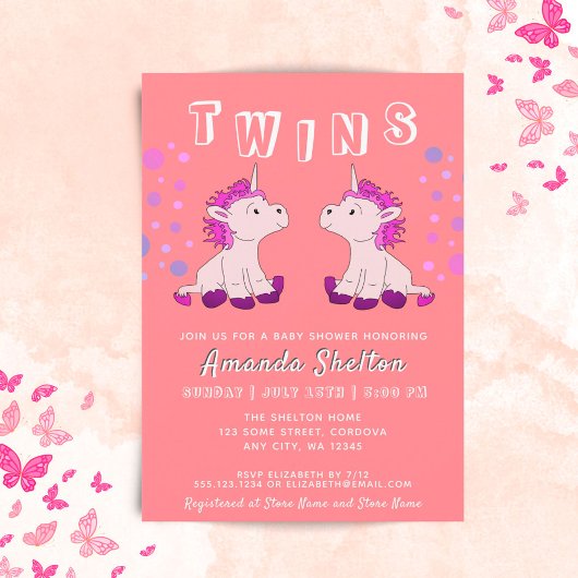 Niedlich Unicorn Twins 2 Baby Girls Babydusche Einladung