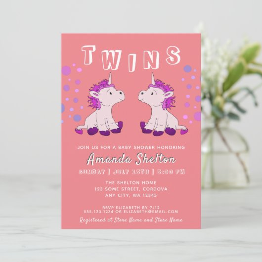 Niedlich Unicorn Twins 2 Baby Girls Babydusche Einladung (Stehend Vorderseite)