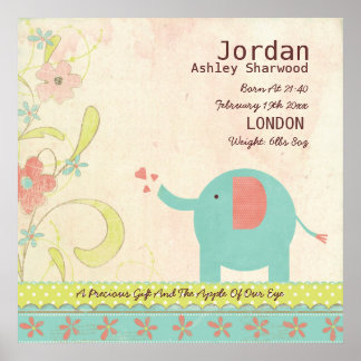 Niedlich Unisex Baby Birth Date Elephant Kinderzim Poster