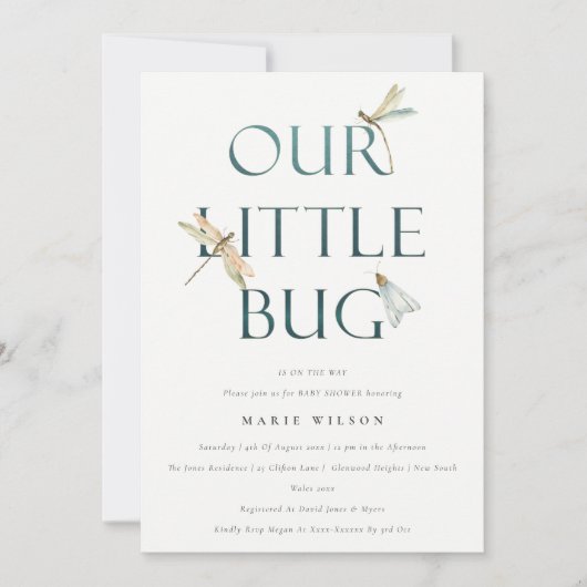 Niedlich unsere kleine Bug Blue Dragonfly Babydusc Einladung (Vorderseite)