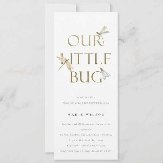 Niedlich unsere kleine Bug Gold Dragonfly Babydusc Einladung (Vorderseite)