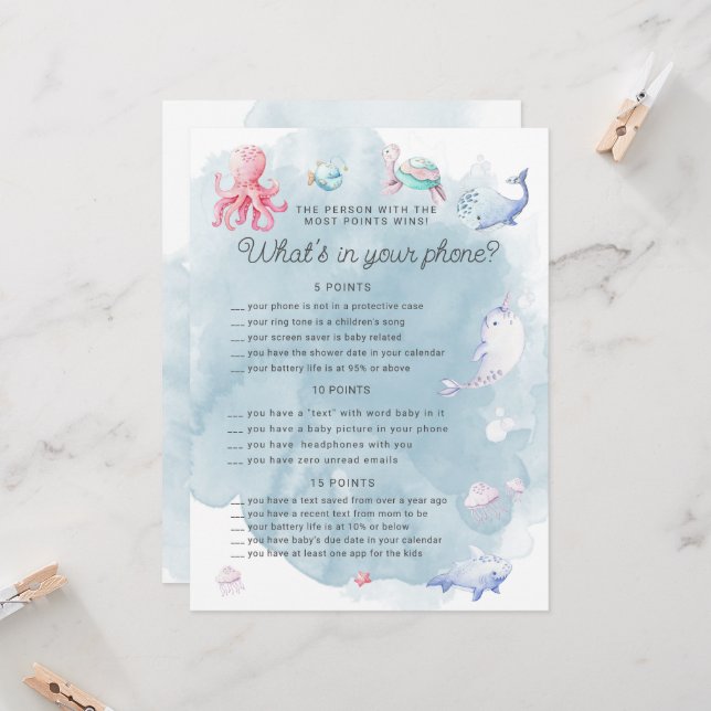 Niedlich unter der Sea Baby Shower Phone Game Card (Vorderseite/Rückseite Beispiel)