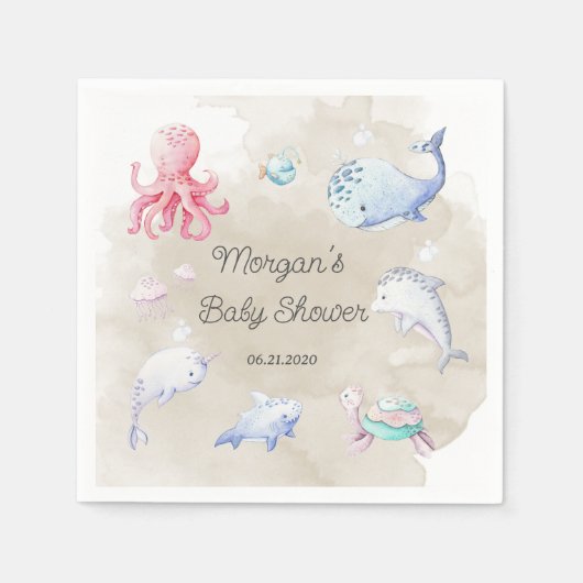 Niedlich unter der Sea Creatures Baby Shower Monog Serviette (Vorderseite)