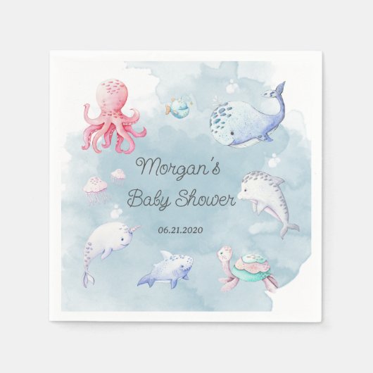 Niedlich unter der Sea Creatures Baby Shower Monog Serviette (Vorderseite)