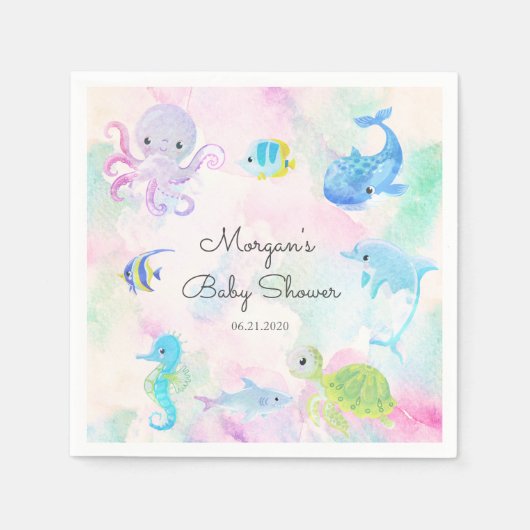 Niedlich unter der Sea Creatures Baby Shower Monog Serviette (Vorderseite)
