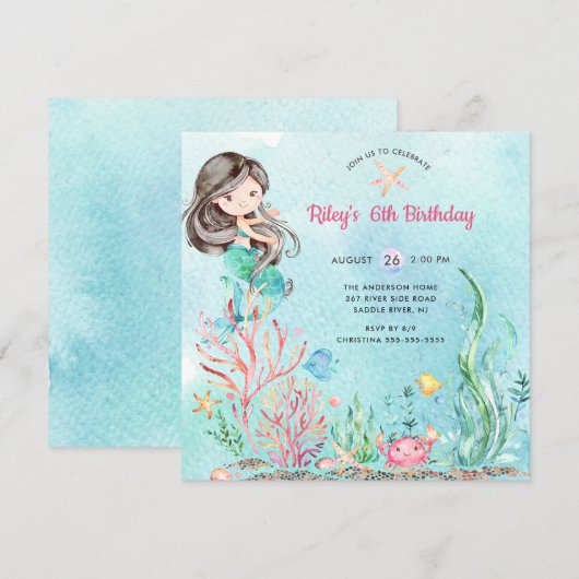 Niedlich unter Meeresmeerin Meerjungfrau Einladung (Vorne/Hinten)