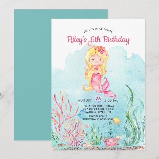 Niedlich unter Meeresmeerin Meerjungfrau Einladung (Vorne/Hinten)