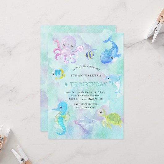 Niedlich unter Meereswasser Geburtstagsfeier Einla Einladung (Vorderseite/Rückseite Beispiel)