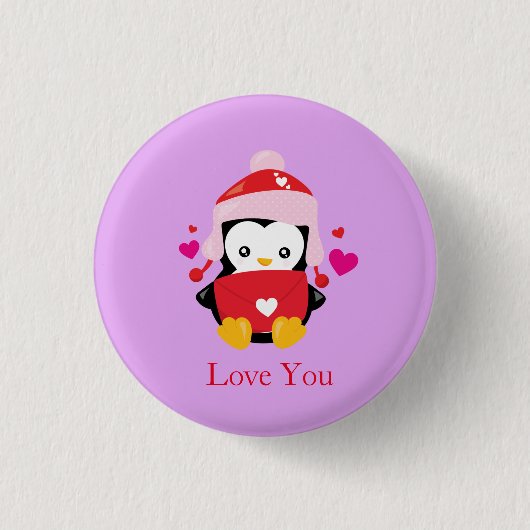 Niedlich Valentine Cartoon Pinguin Button (Vorderseite)