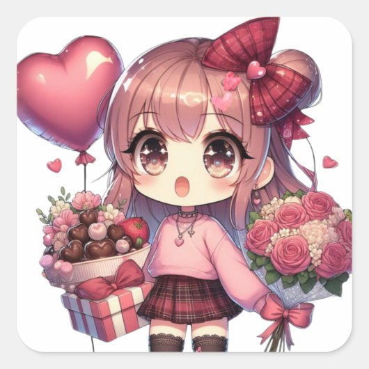 Niedlich Valentinstag-Anime Quadratischer Aufkleber (Vorderseite)