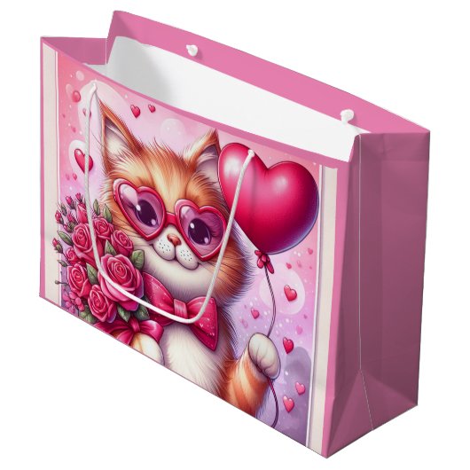 Niedlich Valentinstag Katze/Kätzchen Große Geschenktüte (Vorderseite Schrägansicht)