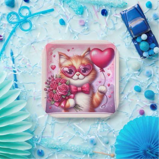 Niedlich Valentinstag Katze/Kätzchen Pappteller (Party)
