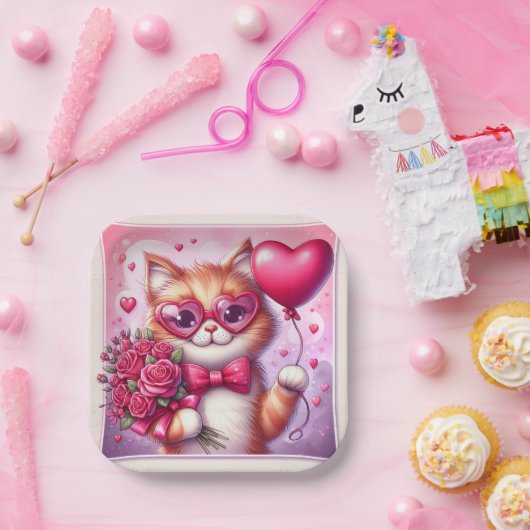 Niedlich Valentinstag Katze/Kätzchen Pappteller (Party)