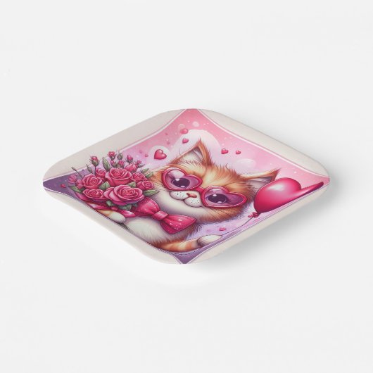 Niedlich Valentinstag Katze/Kätzchen Pappteller (Gewinkelt)
